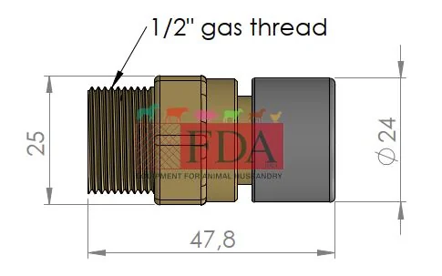 Technical drawing of 1/2 inch pig nipple drinker for anti-waste feed and drink troughs