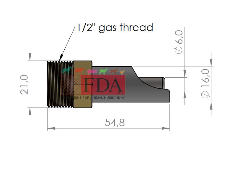 Technical drawing dimensions piglet nipple drinker stainless steel brass 1/2 inch FDA-000022