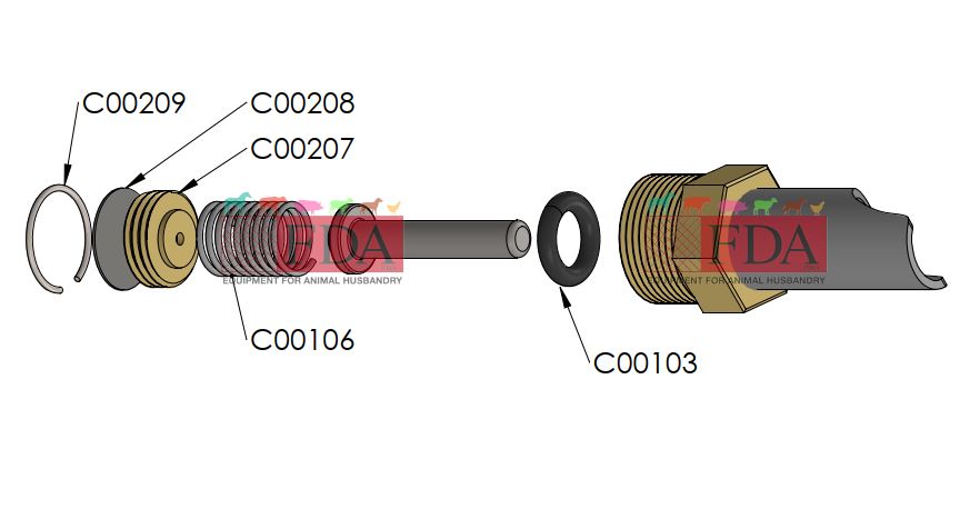 Exploded view piglet nipple drinker stainless steel brass FDA-000022