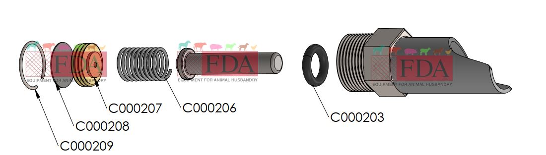 Exploded view of 1/2" nipple drinker for pigs showing internal components, model FDA-000012E