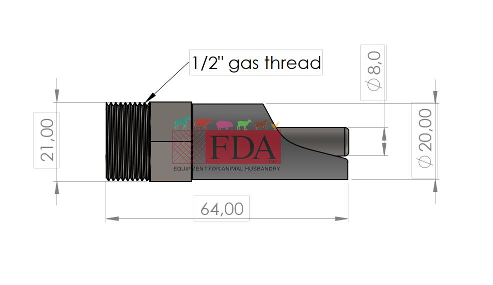 Technical drawing with dimensions of 1/2" nipple drinker for pigs, model FDA-000012E