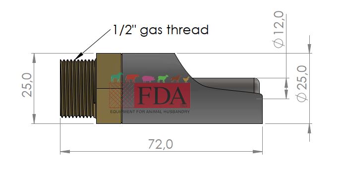 FDA pig nipple drinker in brass and stainless steel with 1/2" gas thread – technical drawing with dimensions FDA-003P12