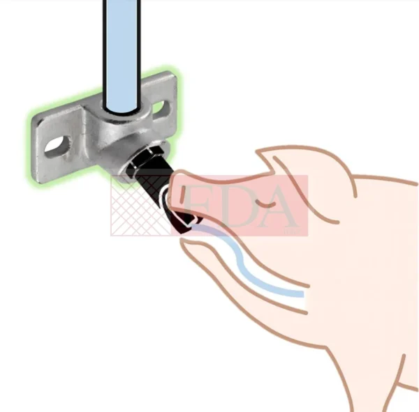 Disegno tecnico di un maiale che beve da un succhiotto inox FDA montato su supporto a muro