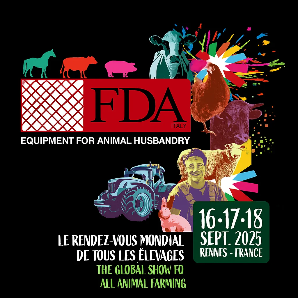 Logo FDA SRL accanto al visual ufficiale della fiera SPACE Rennes 2025, con animali da allevamento e la data dell’evento.