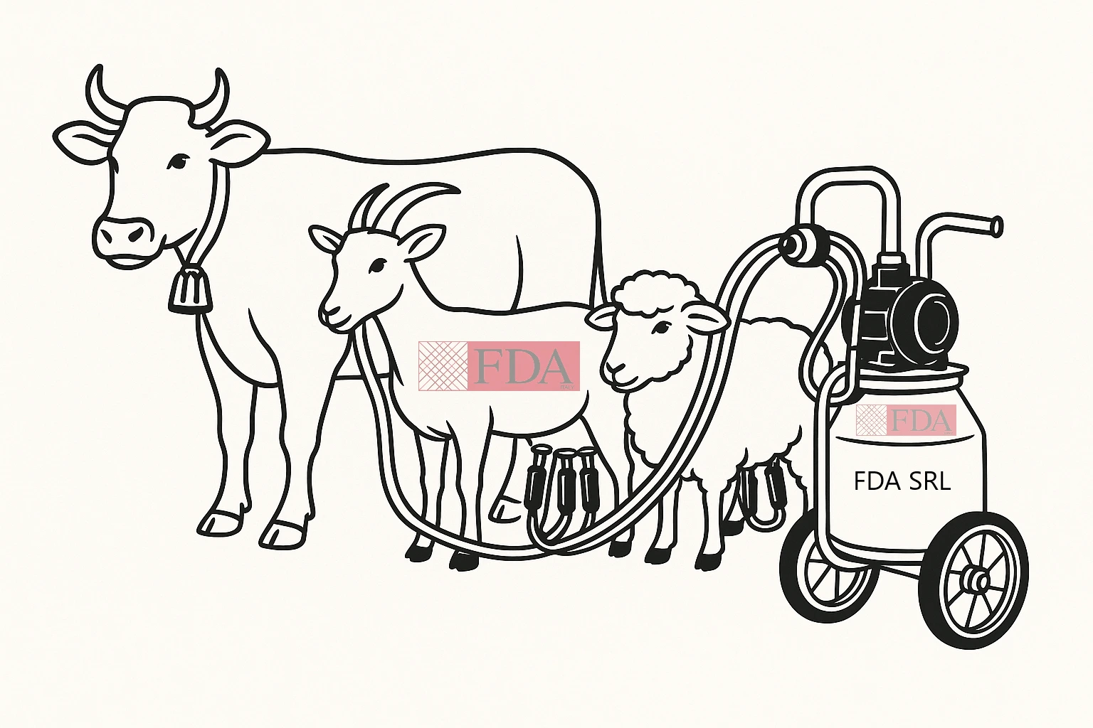 Illustrazione con bovina, capra e pecora collegate a una mungitrice portatile FDA SRL
