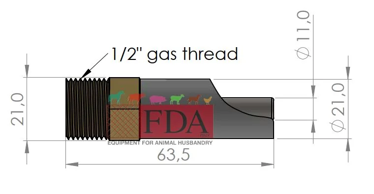Technical drawing of pig nipple drinker for weaner pigs with 1/2 inch gas thread, brass fitting, stainless steel body and 11 mm diameter
