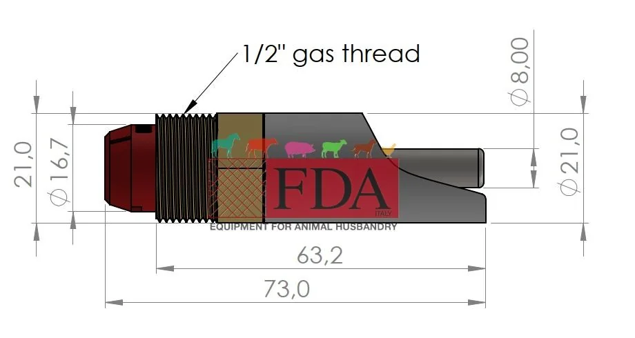 Technical drawing of FDA nipple valve with 1/2 inch gas thread and dimensional measurements.