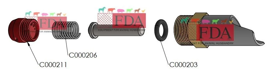 Exploded view of FDA nipple valve showing components C000211, C000206 and C000203.