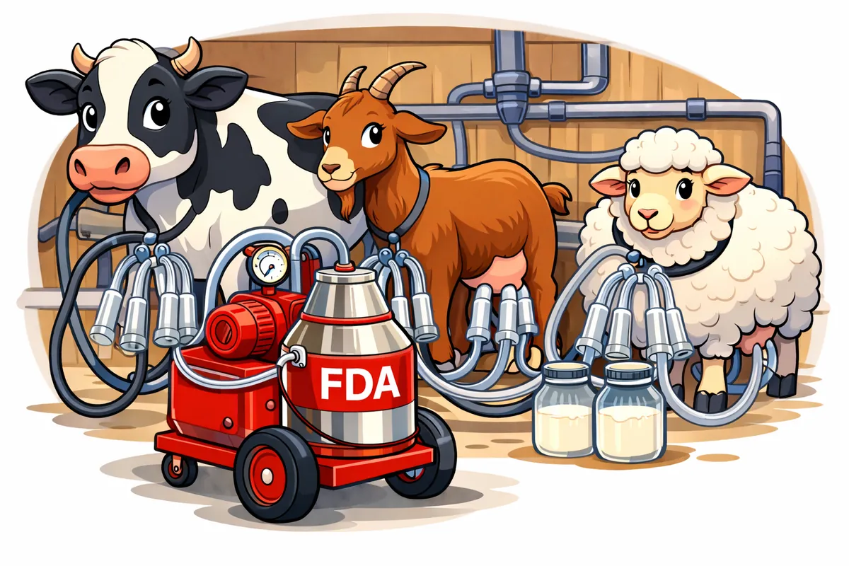 Ecco l’**ALT tag in inglese** ottimizzato: **Cow, goat and sheep milked with red FDA mobile milking machine featuring transparent silicone liners