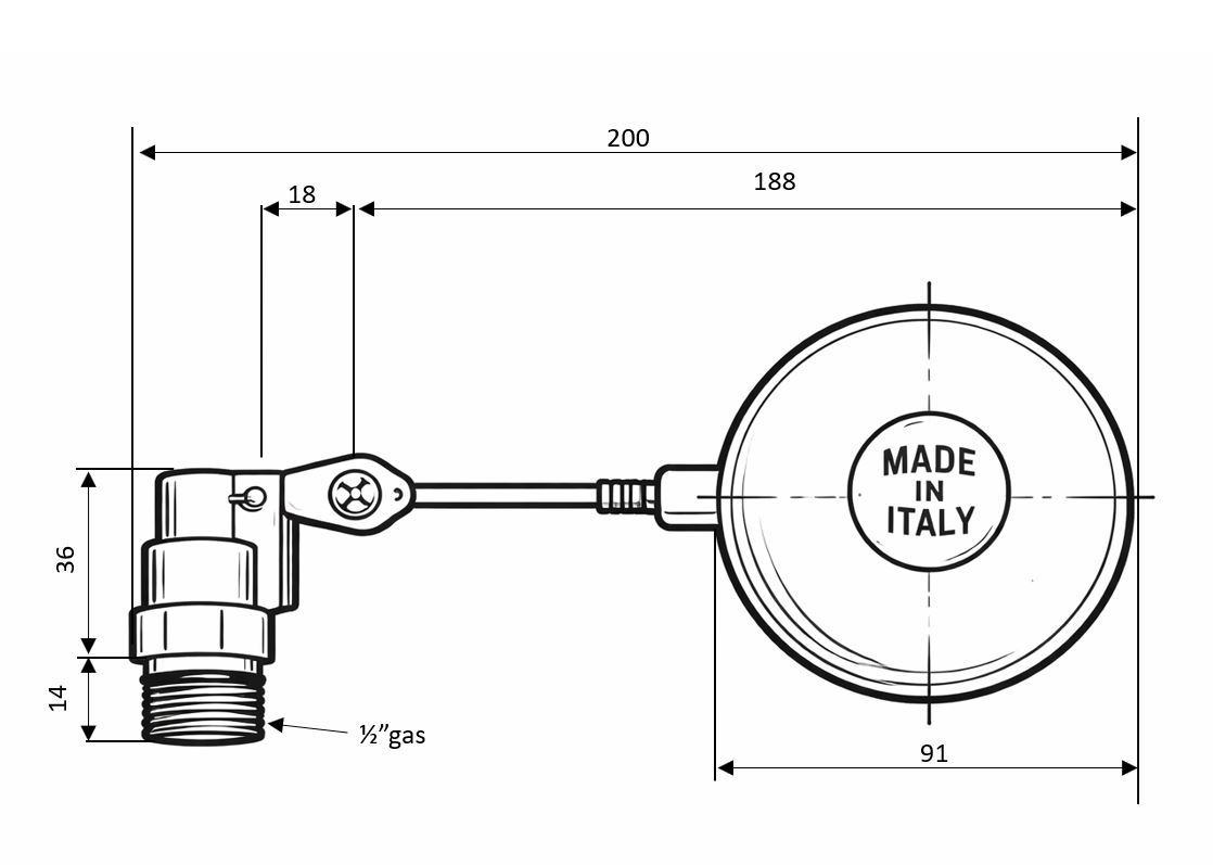Technical drawing dimensions of FAR16P float valve for livestock drinker