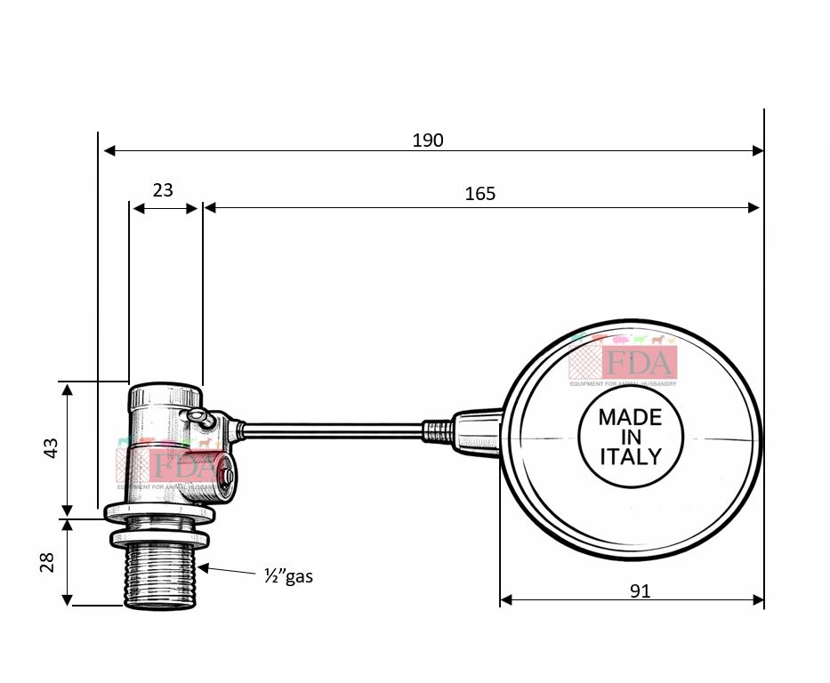 Technical drawing dimensions of brass float valve FAR16B 1/2 inch