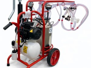 Portable goat and sheep milking machine with four milking clusters and stainless steel bucket