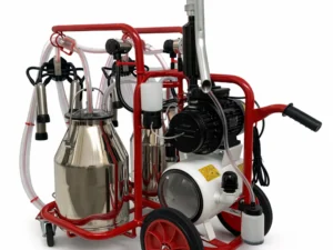 Portable cow milking machine with two buckets and dual milking clusters