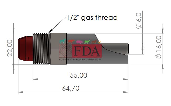 Technical drawing of stainless steel 1/2 inch nipple drinker for piglets, FDA-000016ETP