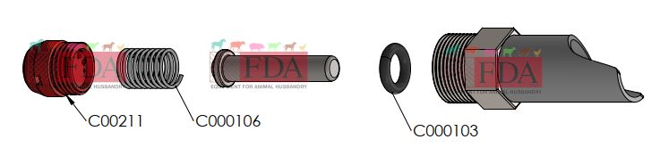 Exploded view of stainless steel nipple drinker for piglets with plastic pin, FDA-000016ETP