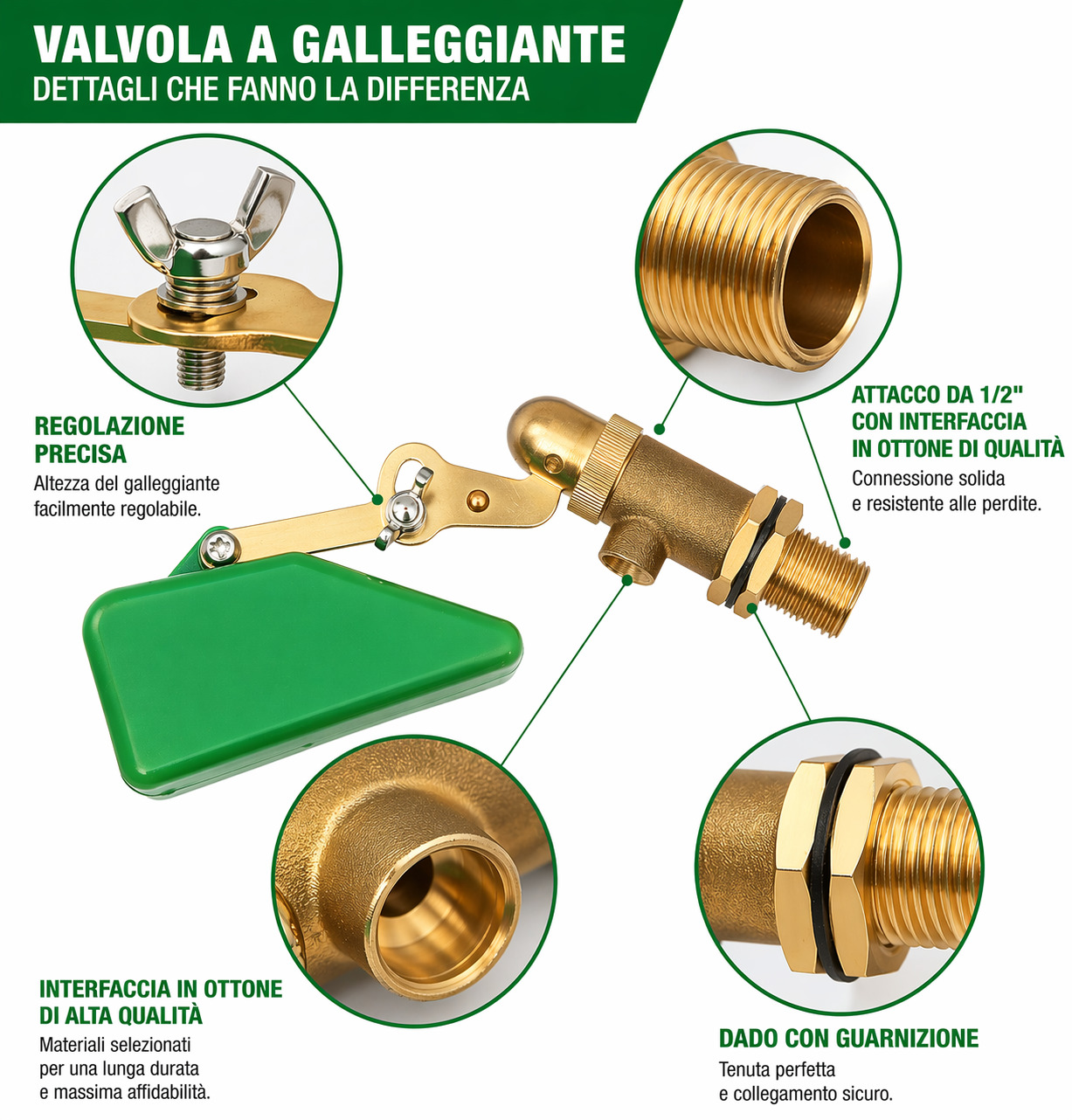 Valvola galleggiante FAR15B in ottone con attacco 1/2 e regolazione