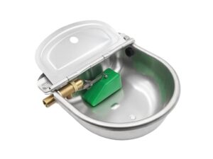 Abbeveratoio automatico FA-AG in acciaio inox con galleggiante verde e valvola in ottone per animali.